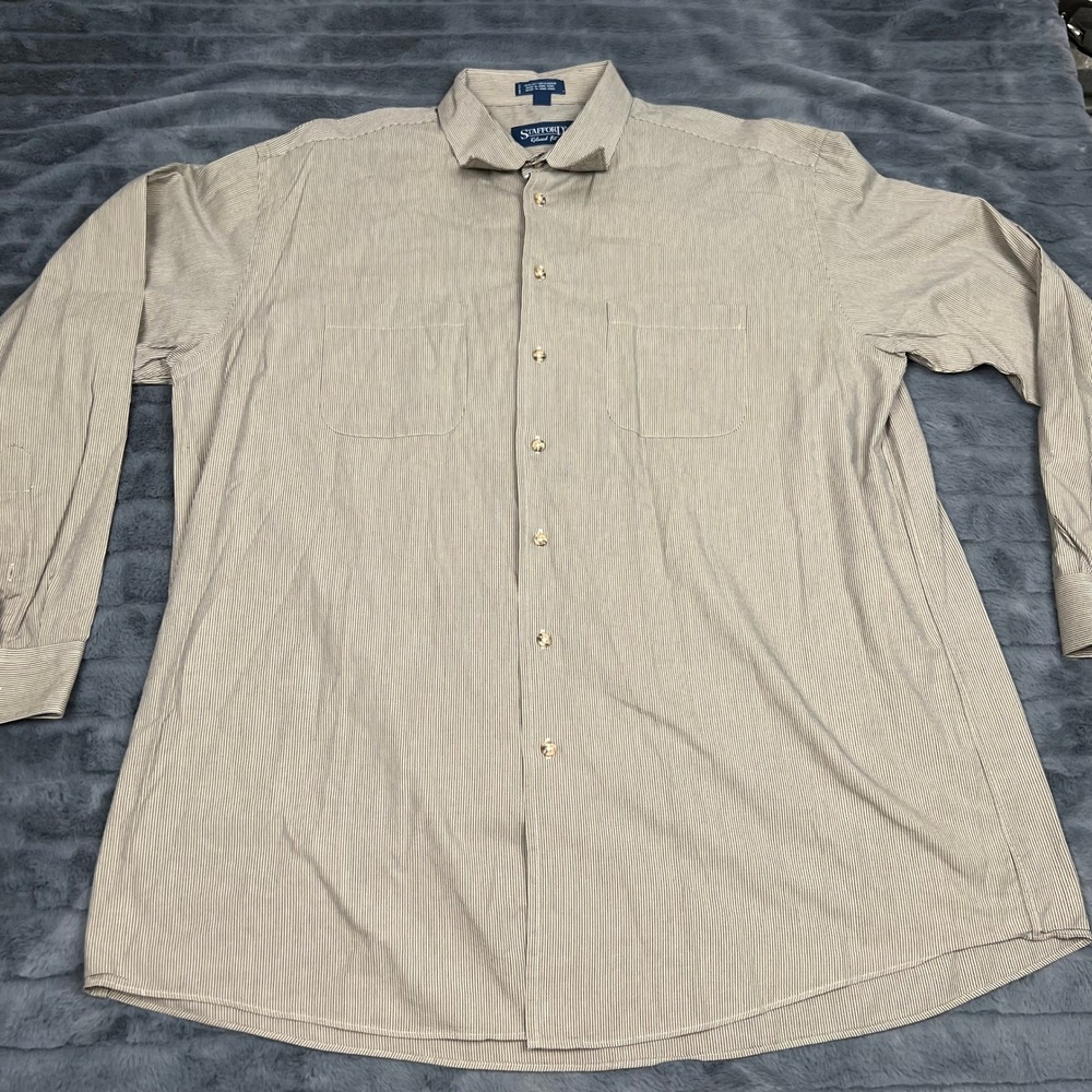 Stafford Mens Relaxed Fit Tan White Micro Stripe Cotton Dress Shirt 17.5 36/37